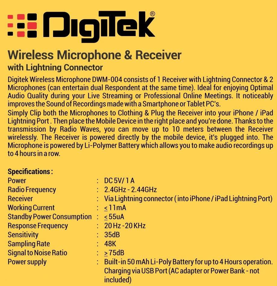 Digitek (DWM-004) 2 nos of Noise Calcelling Wireless Microphone & one Receiver with 8-pin Connector, Fast Charging, Suitable for YouTube Vlog, Live Streaming, Video Shooting & More - Digitek