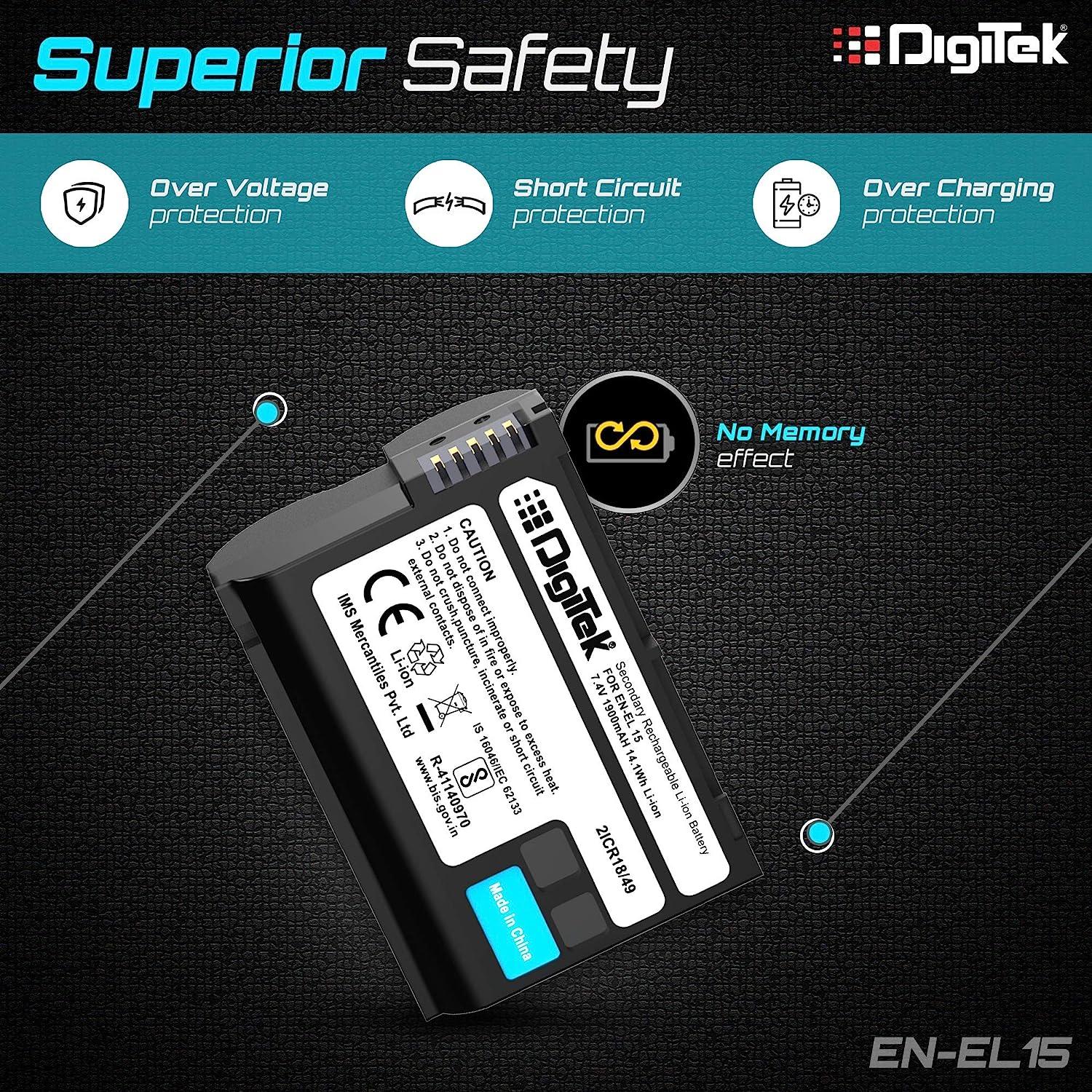 Digitek (EN-EL15) 1900mAh Secondary Rechargeable Battery Packs for Digital Camera EN-EL15, Compatibility - D7000, D7100, D7200, D850, D750, D810, D500, D600, D610, D7500, D800, D800E, & V1 - Digitek