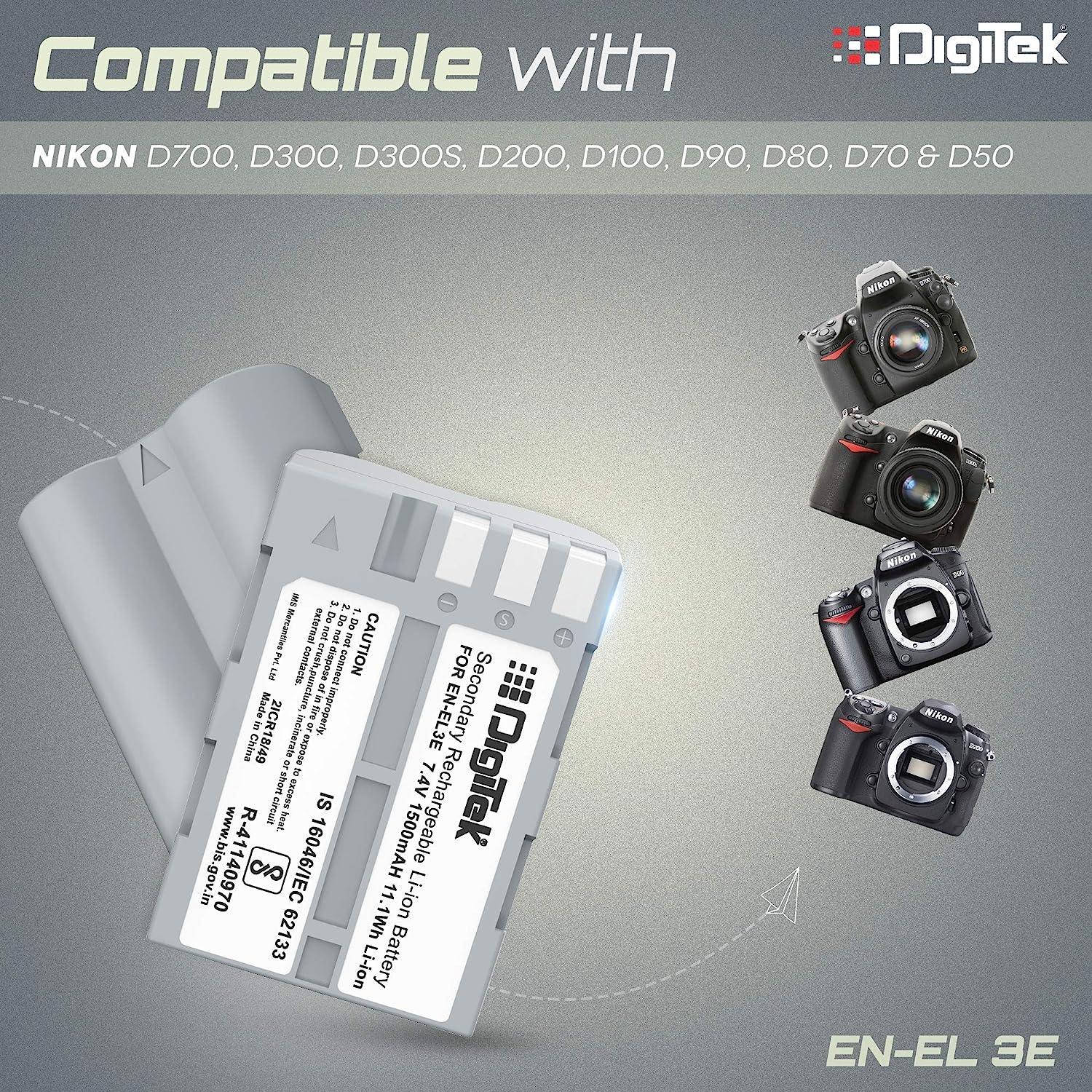 Digitek (ENEL 3E) Rechargeable Li-ion (1500mAh) Battery Packs for Nikon Digital Camera, Compatibility - D700, D300, D300S, D200, D100, D90, D80, D70 & D50 - Digitek