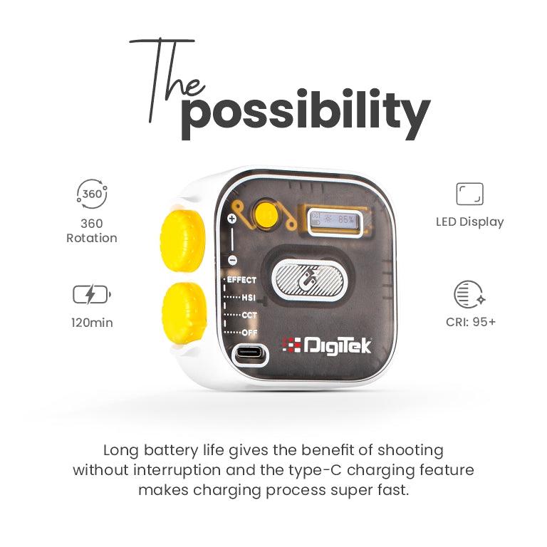 Digitek (LED-D10W) RGB Video, LED Camera Light 360° Full Color Portable Photography Lighting with 3 Cold Shoe, 2000mAh Rechargeable CRI 95+ 2500-9000K Dimmable Panel Lamp Support Magnetic Attraction. - Digitek