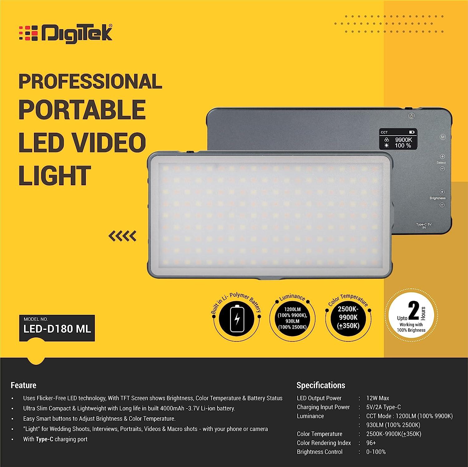 Digitek (LED-D180 ML) Portable Professional LED Video Light with 21 Preset Effects & 4000mAh Battery, Multi Scene Lightening & Colour Temperature & Brightness Control - Digitek