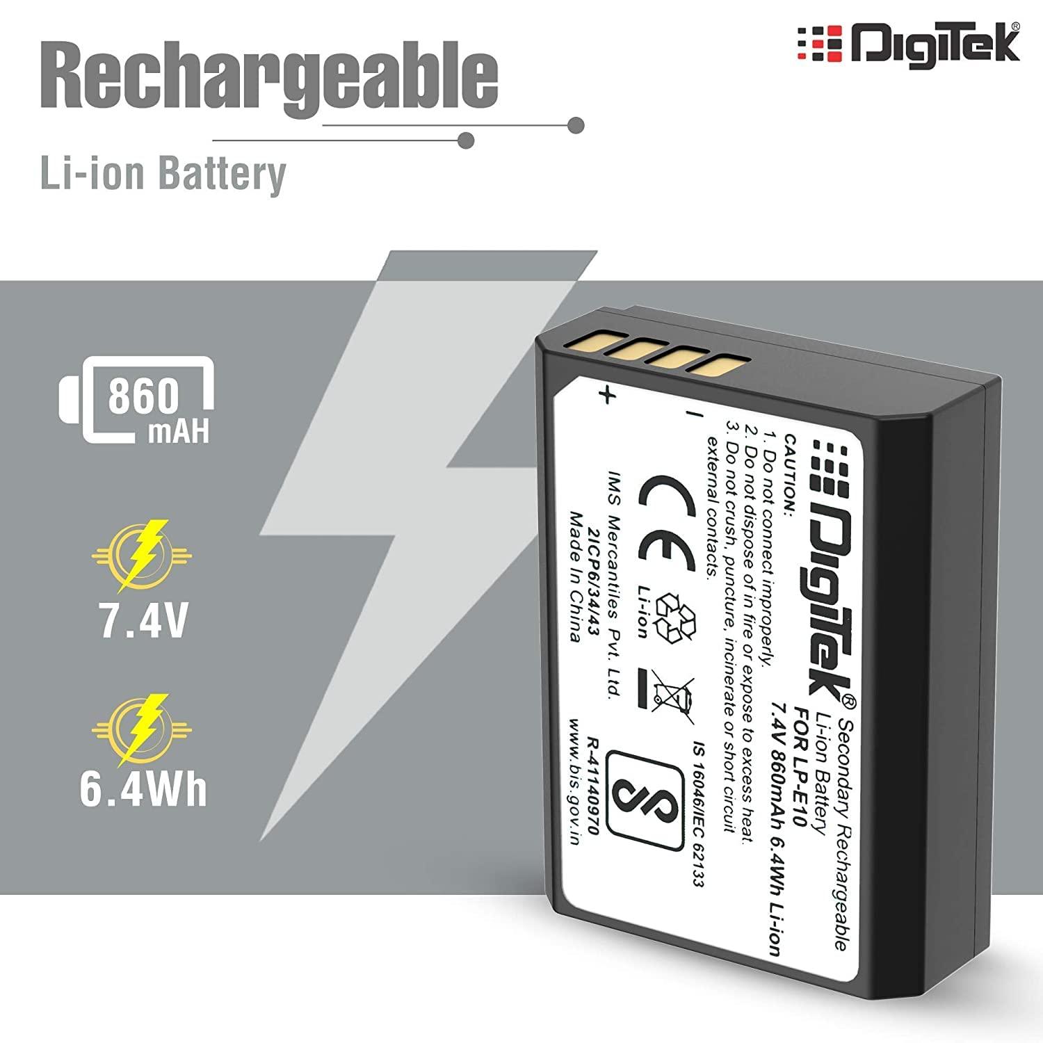 Digitek (LP E10) Lithium-ion Rechargeable Battery for DSLR Camera, Compatibility - EOS 1100D, EOS 1200D, EOS Rebel T3, EOS Rebel T5, X50 & EOS Kiss - Digitek