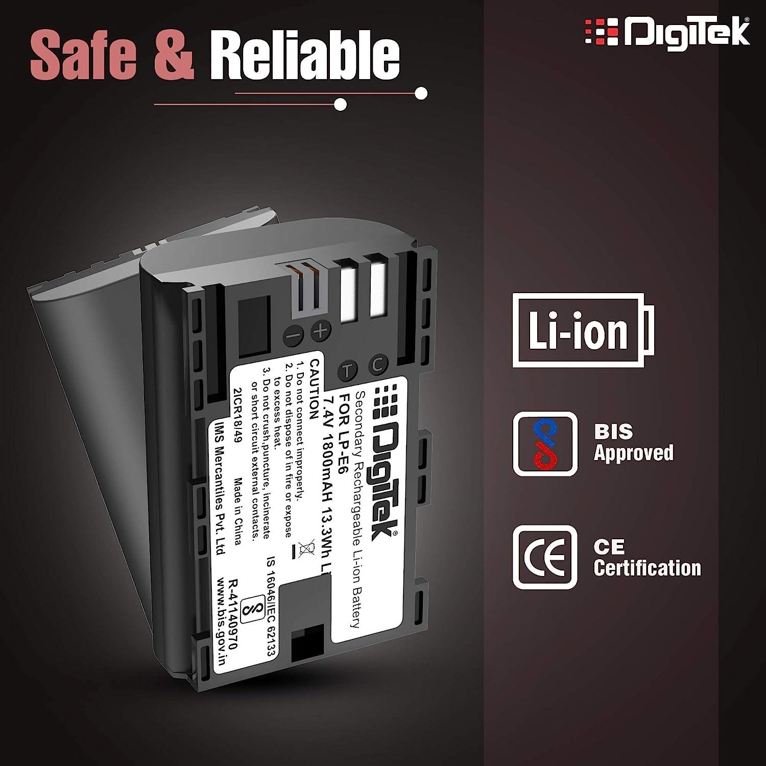 Digitek (LP-E6) Secondary Li-ion Rechargeable Battery for DSLR Camera, Compatibility - EOS 5D Mark IV, EOS 5Ds, 5DS R, EOS 6D, EOS 6D Mark II, EOS 7D, EOS 7D Mark II and More - Digitek