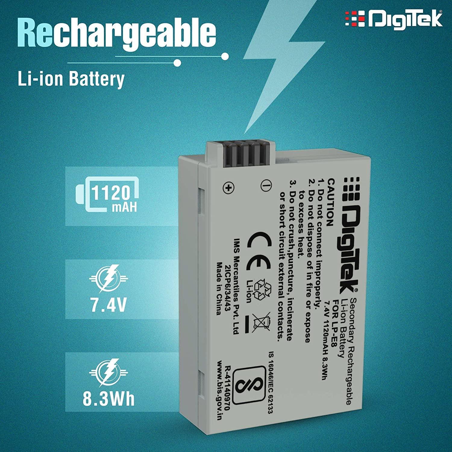 Digitek (LP E8) Lithium-ion Rechargeable Battery for DSLR Camera, Compatibility - Power EOS 55D, 600D, D650, 700D, EOS KISSX4, EOS Rebel T2i, T3i, T4i & T5i - Digitek