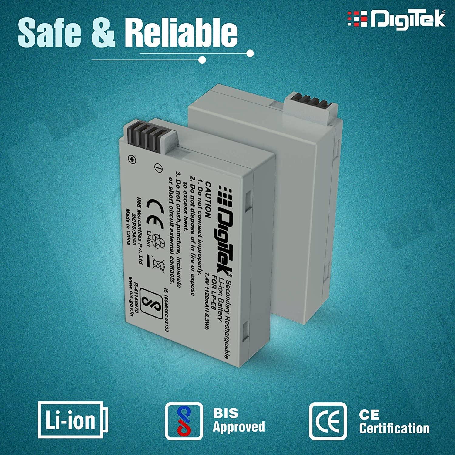 Digitek (LP E8) Lithium-ion Rechargeable Battery for DSLR Camera, Compatibility - Power EOS 55D, 600D, D650, 700D, EOS KISSX4, EOS Rebel T2i, T3i, T4i & T5i - Digitek