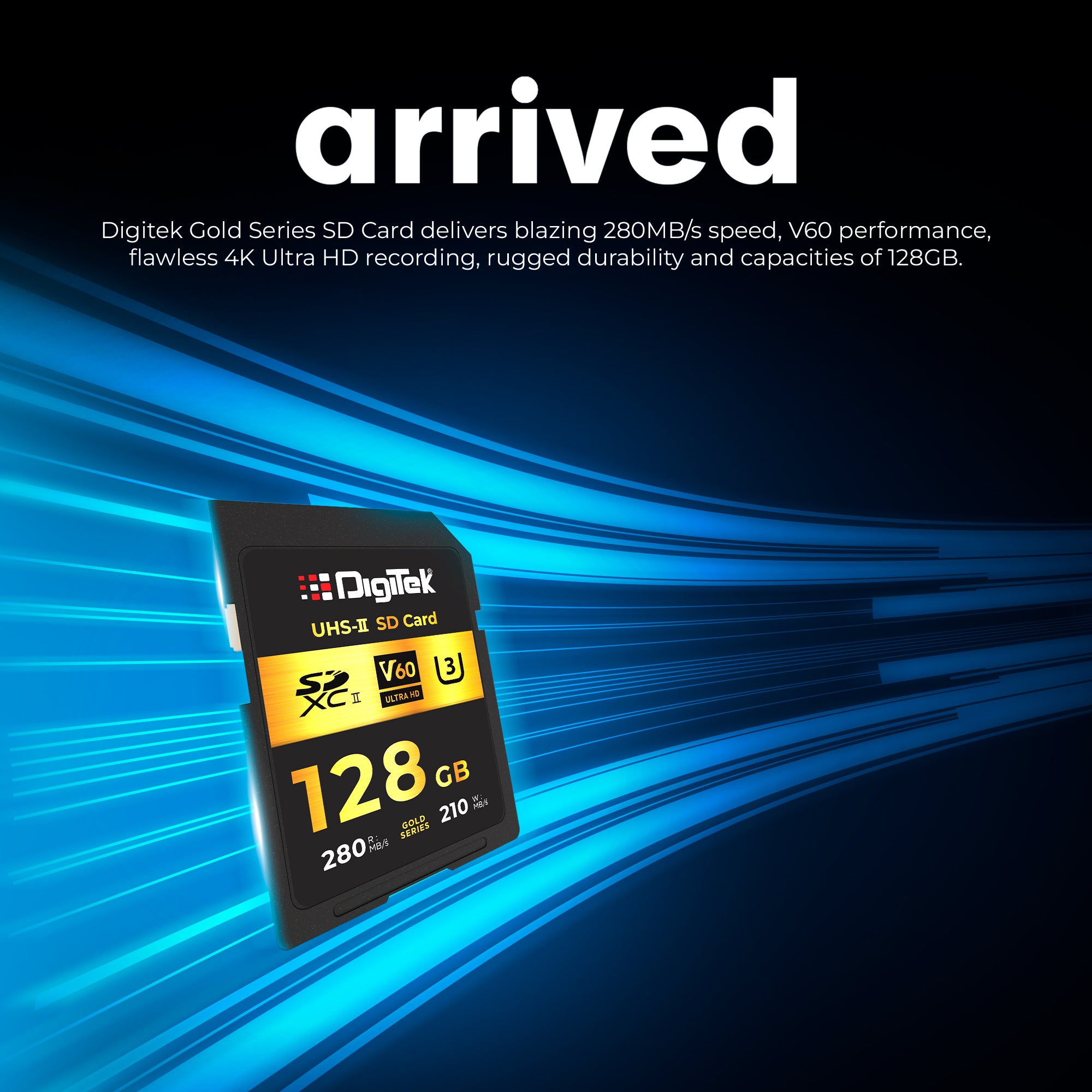 Digitek V60 Ultra HD 128GB UHS-II SD Card – 280MB/s Read, 210MB/s Write, Gold Series, 4K RAW Ready