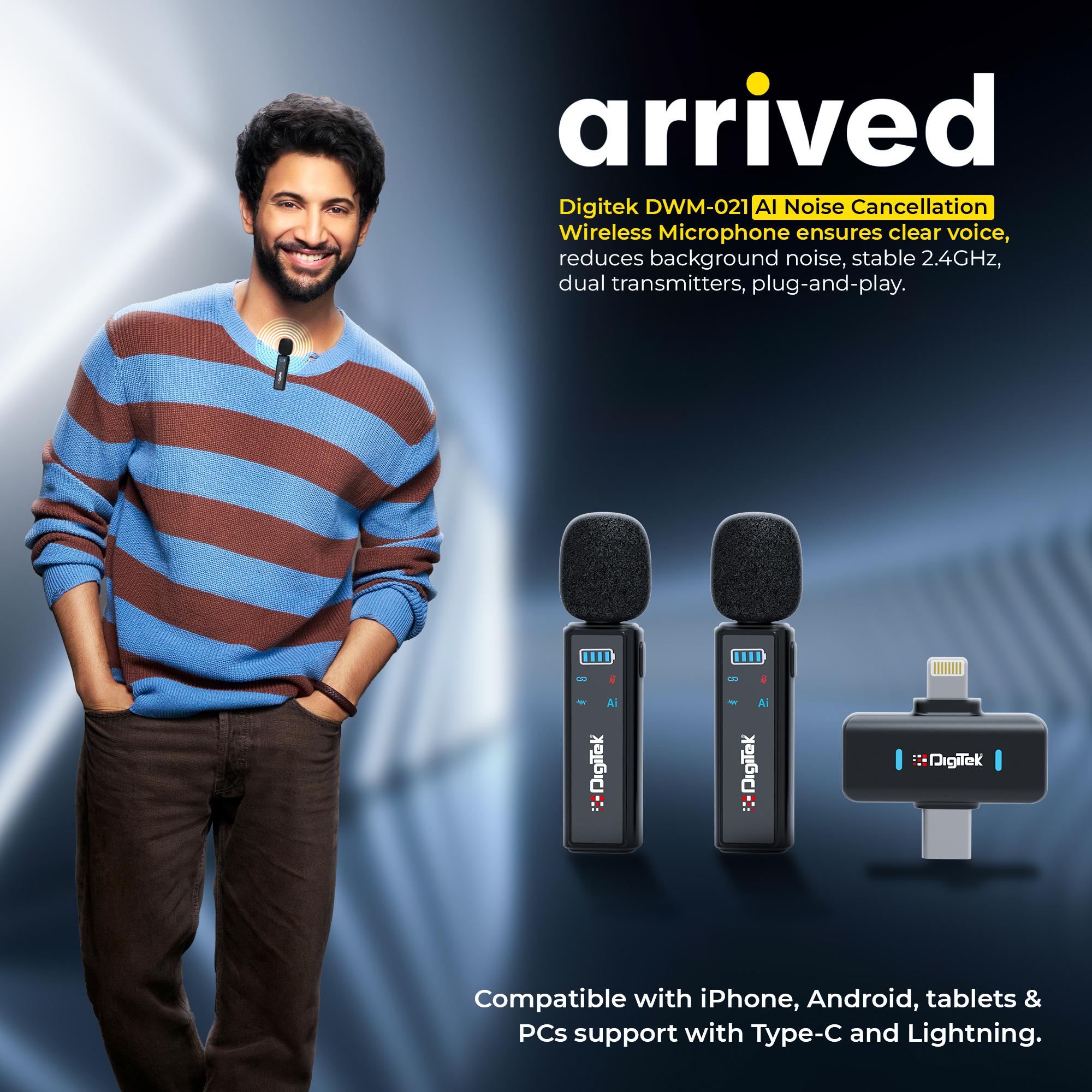 Digitek DWM-021 Wireless Microphone System with AI Noise Cancellation for Android & iPhone