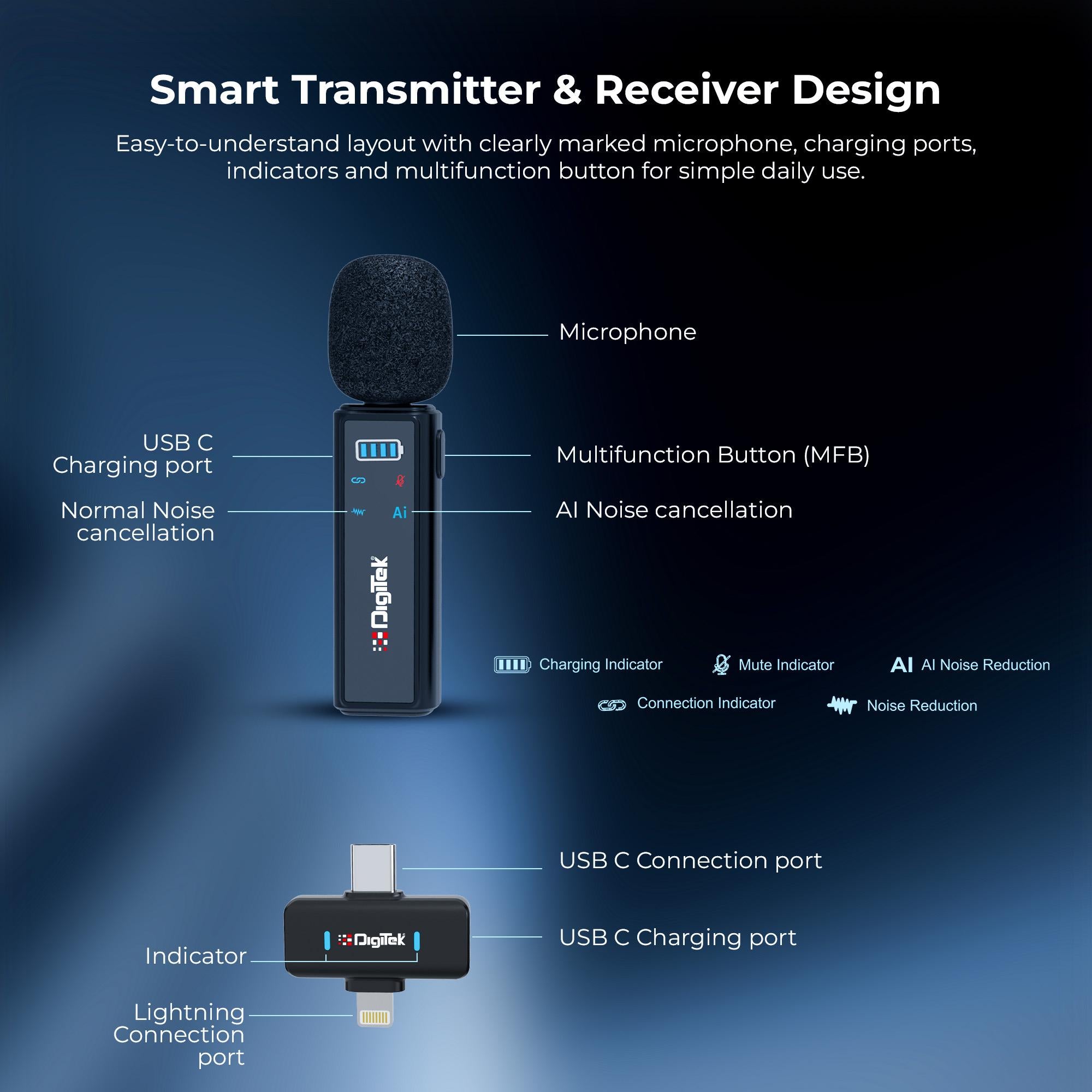 Digitek DWM-021 Wireless Microphone System with AI Noise Cancellation for Android & iPhone