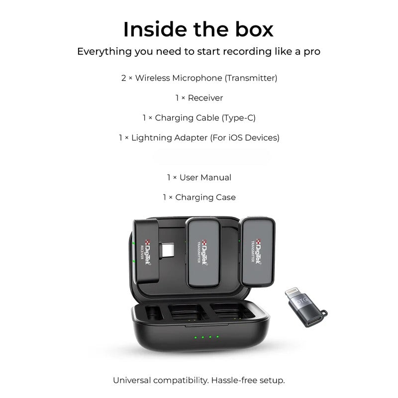 Digitek (DWM 120) Wireless Microphone System, Noise Reduction, 2.4G Mic with 50m Range & 4.5Hr Battery, for iPhone & Android Smartphones, Ideal for Vlogging, Streaming & Interviews