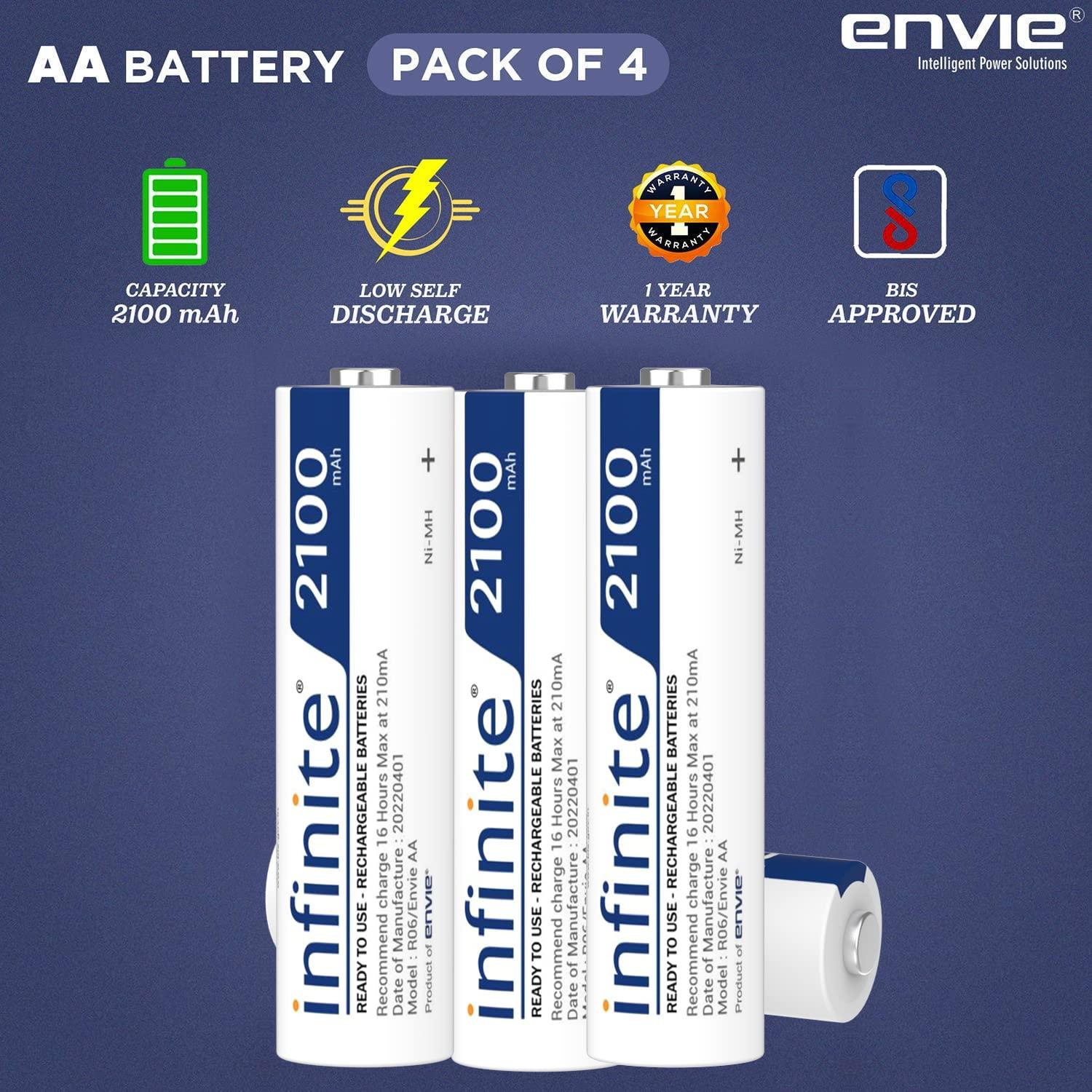 ENVIE (AA2100RTU4PL) Infinite AA Rechargeable Batteries | High-Capacity Ni-MH | 2100 mAh | Low Self Discharge | (Pack of 4) - Digitek