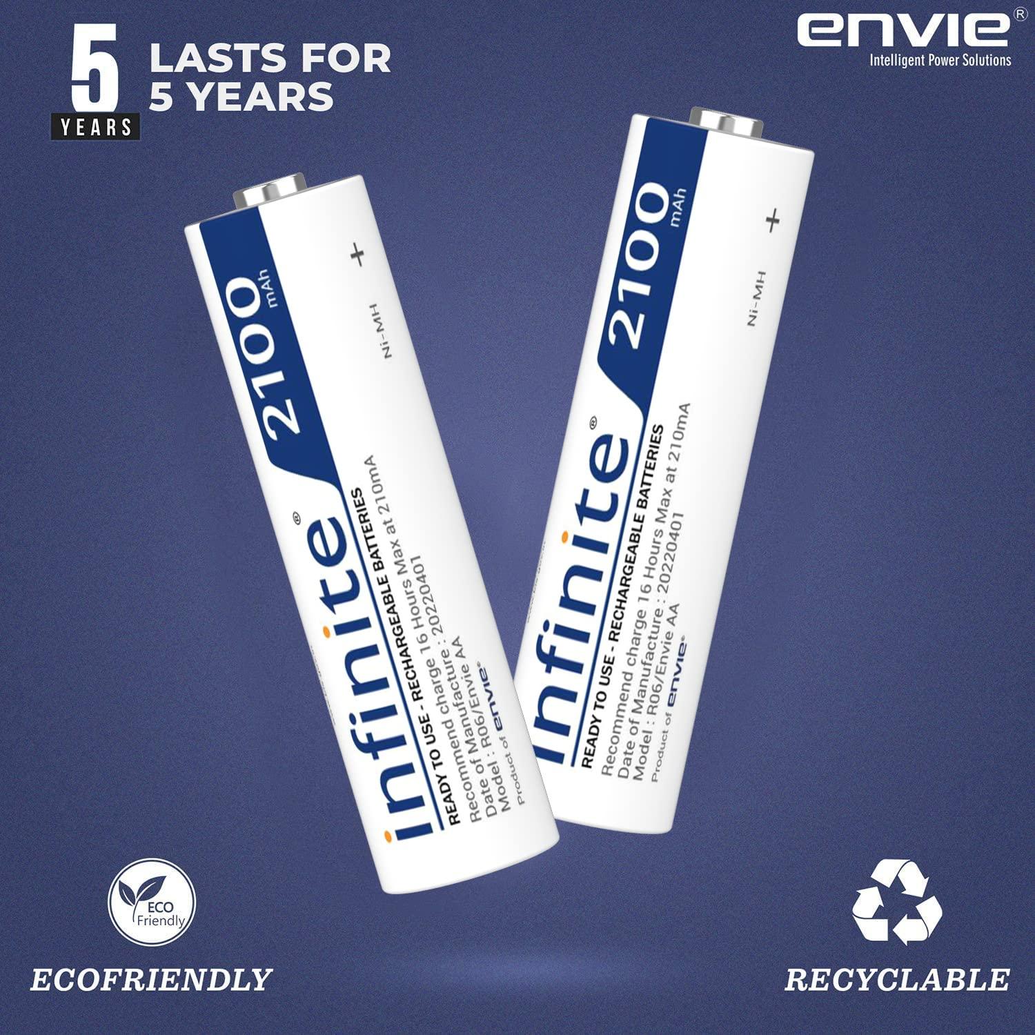 ENVIE (AA2100RTU4PL) Infinite AA Rechargeable Batteries | High-Capacity Ni-MH | 2100 mAh | Low Self Discharge | (Pack of 4) - Digitek