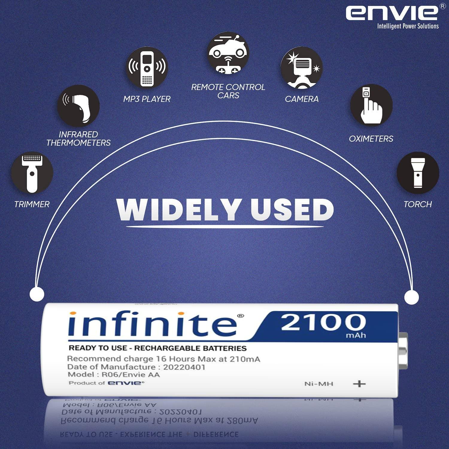 ENVIE (AA2100RTU4PL) Infinite AA Rechargeable Batteries | High-Capacity Ni-MH | 2100 mAh | Low Self Discharge | (Pack of 4) - Digitek