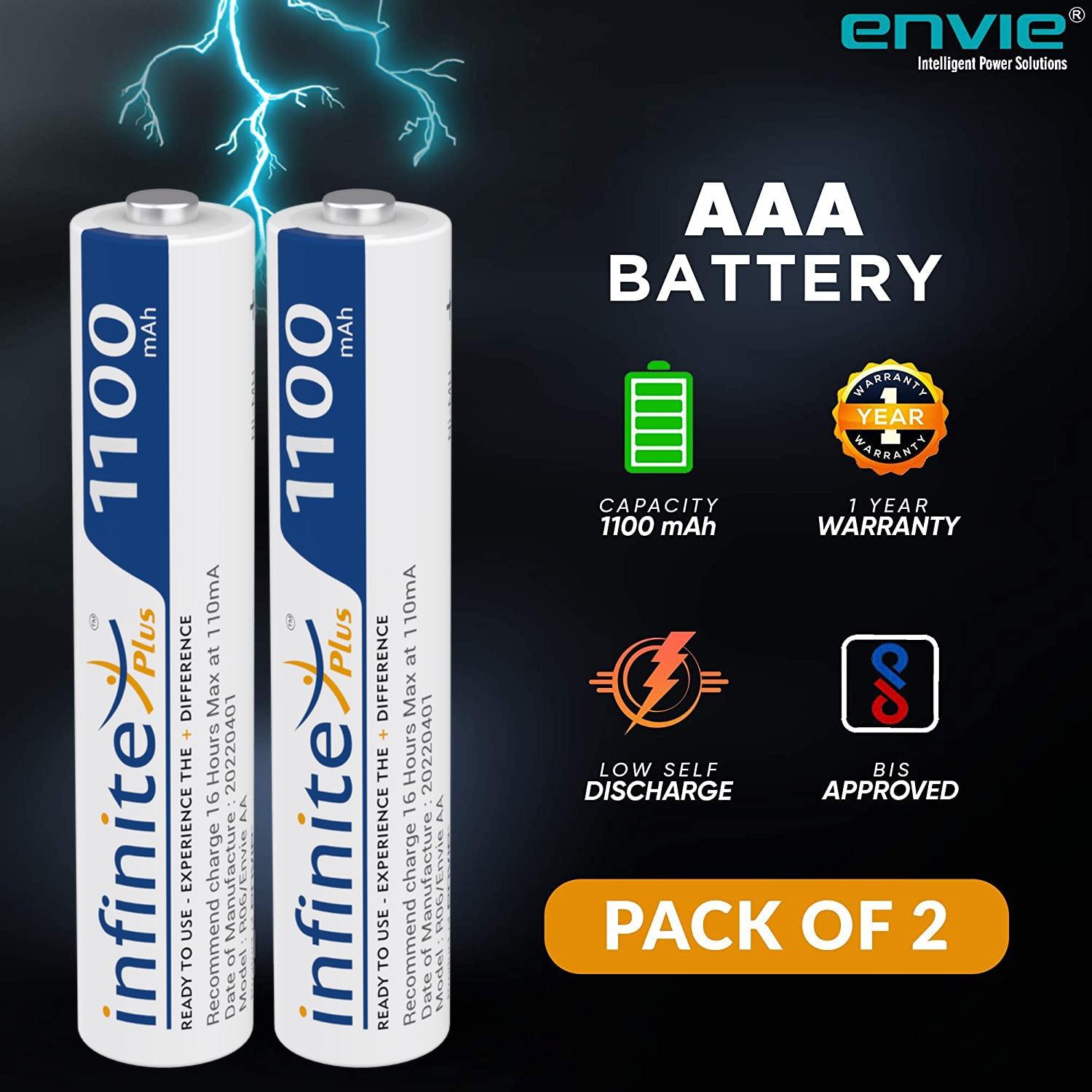 ENVIE AAA Rechargeable Batteries, High-Capacity Ni-MH 1100 mAh, Low Self Discharge, Pre-Charged (Pack of 2) (AAA11002PL) - Digitek