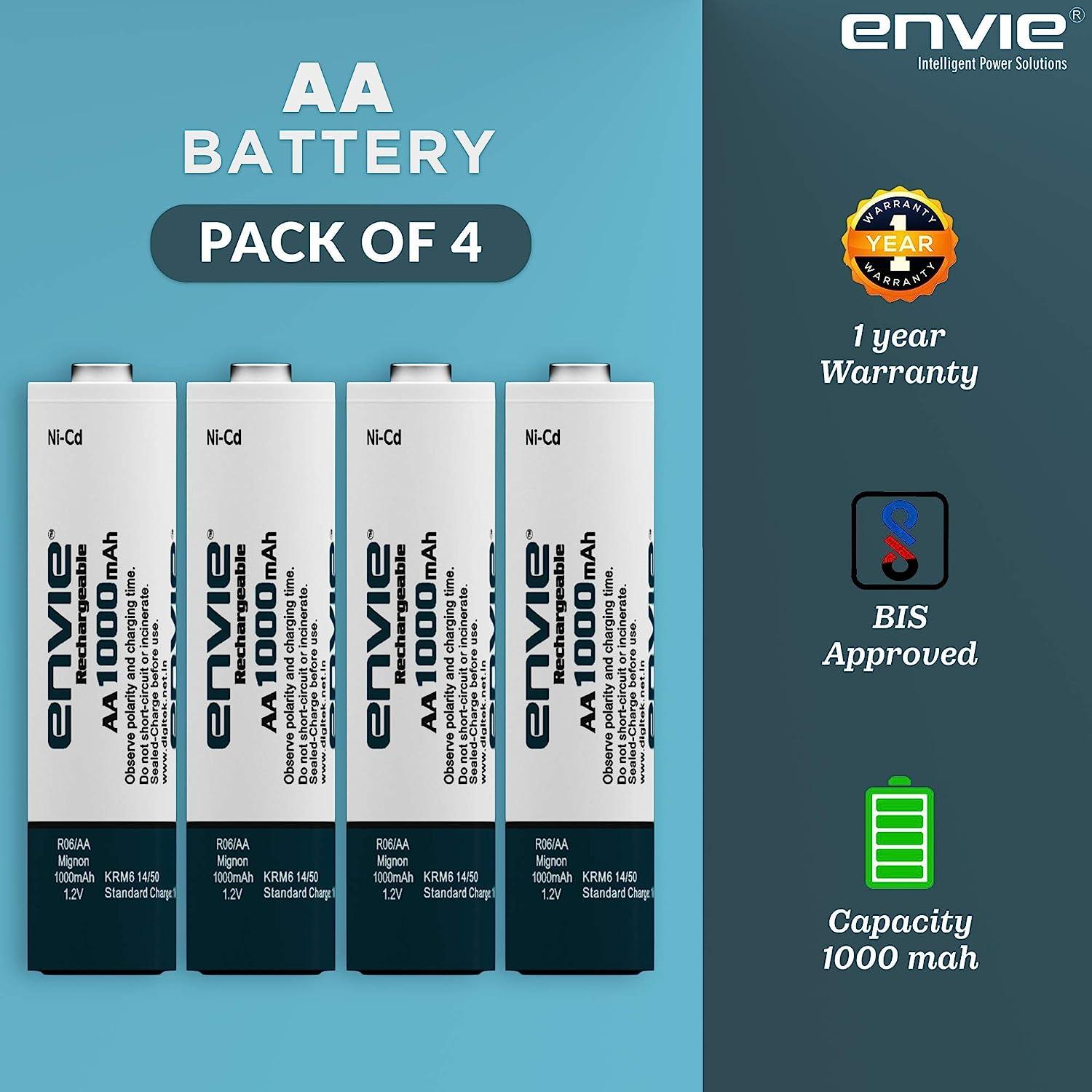 ENVIE (ECR 20 MC+4xAA1000) Standard Rechargeable Battery Charger for AA & AAA Ni-mh/Ni-Cd, LED Indicator, 600MA Output Current, with 4xAA1000 Rechargeable Batteries - Digitek