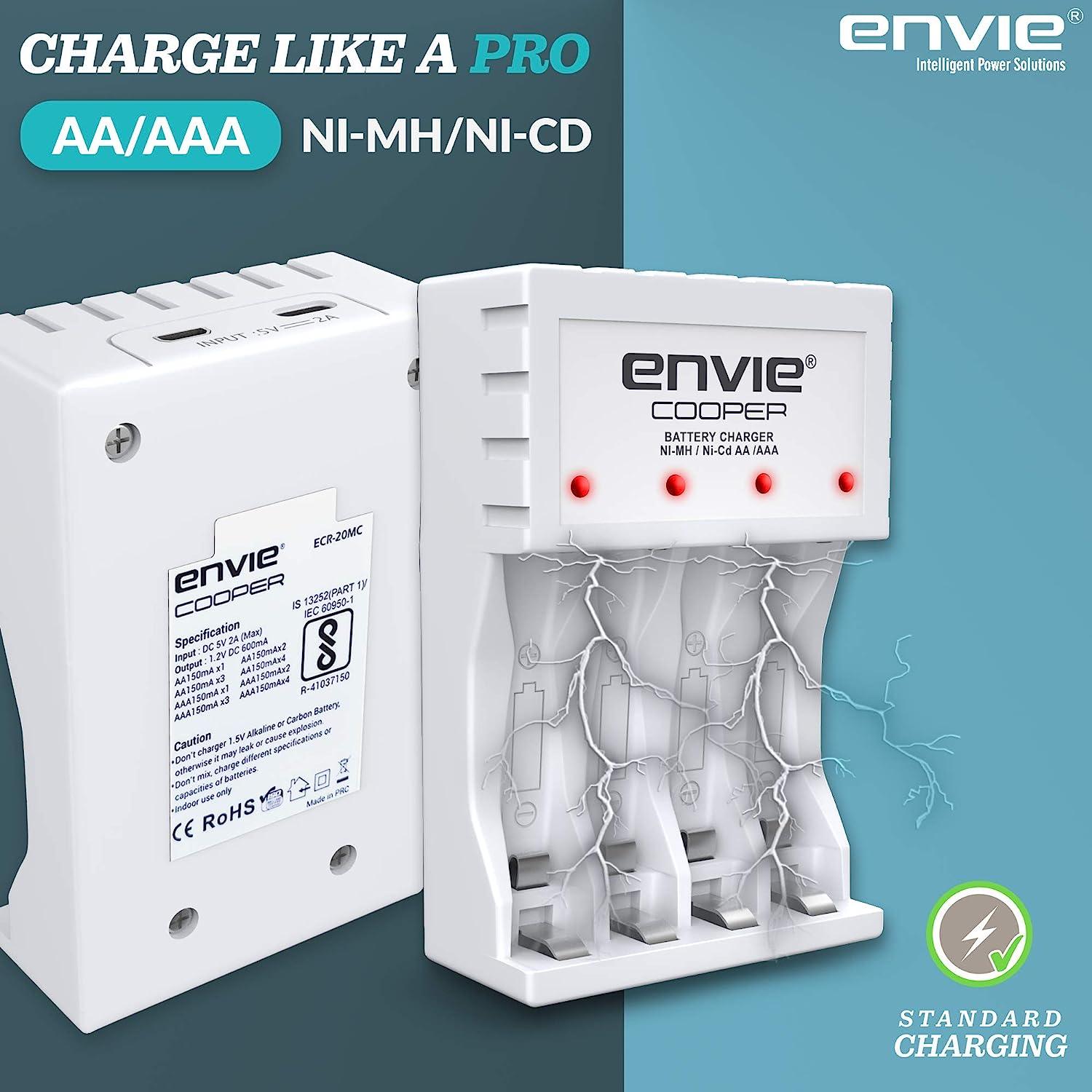 ENVIE (ECR 20 MC+4xAA1000) Standard Rechargeable Battery Charger for AA & AAA Ni-mh/Ni-Cd, LED Indicator, 600MA Output Current, with 4xAA1000 Rechargeable Batteries - Digitek