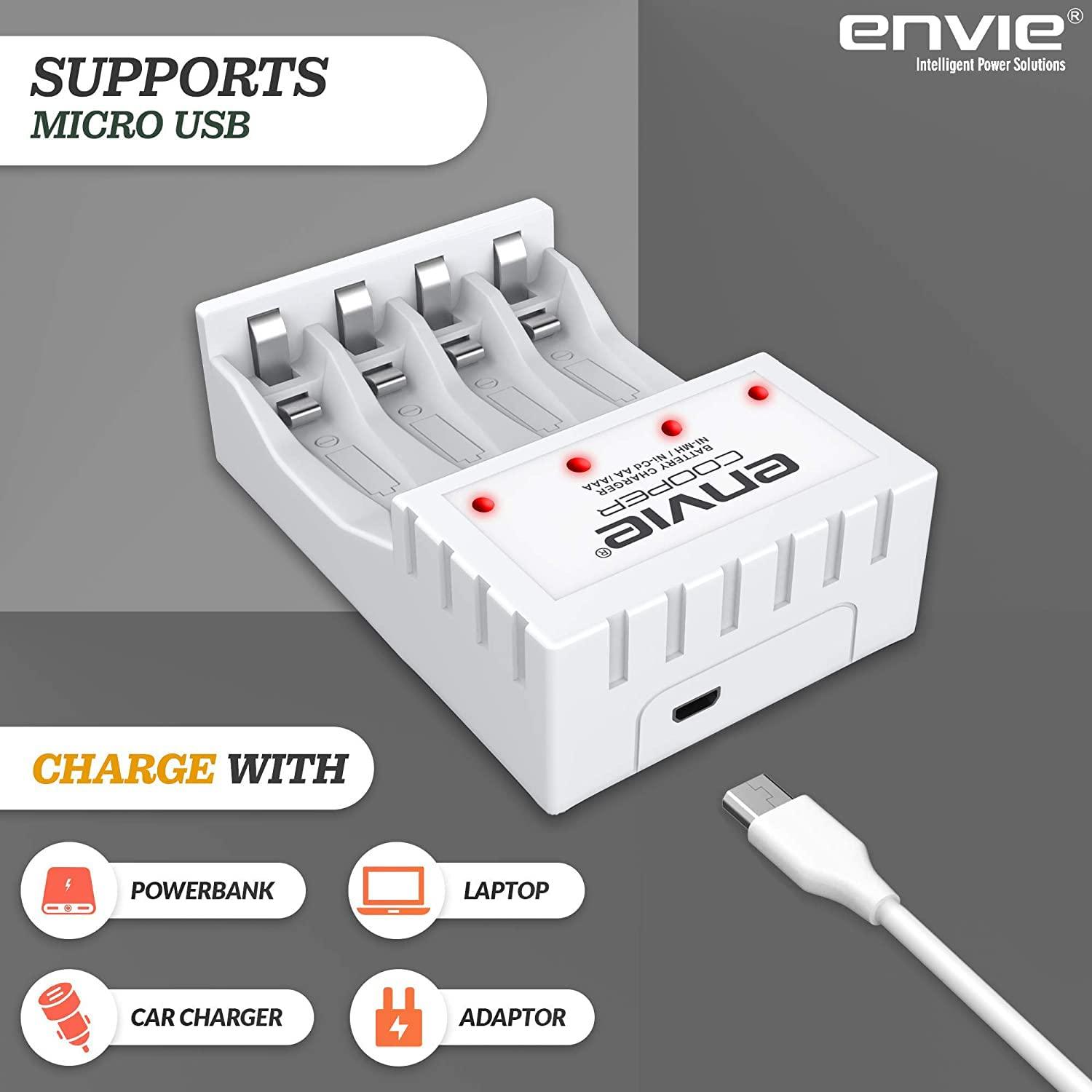 ENVIE (ECR 20MC+2800+1100) Standard Charger ECR 20 MC for AA & AAA Ni-mh/Ni-Cd Rechargeable Batteries | LED Indicator | 600MA Output Current | with 2xAA2800 & 2xAAA1100 Rechargeable Batteries - Digitek