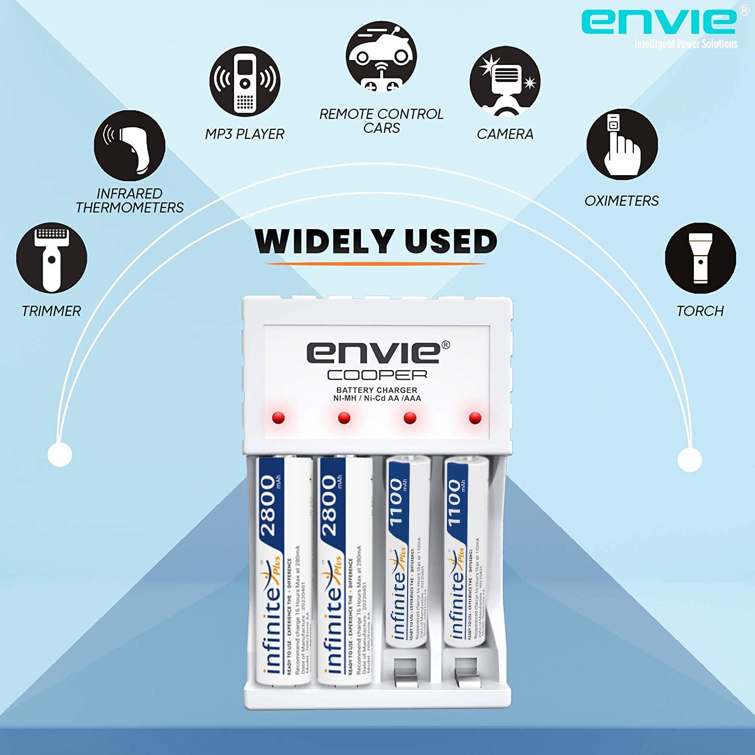 ENVIE (ECR 20MC+2800+1100) Standard Charger ECR 20 MC for AA & AAA Ni-mh/Ni-Cd Rechargeable Batteries | LED Indicator | 600MA Output Current | with 2xAA2800 & 2xAAA1100 Rechargeable Batteries - Digitek