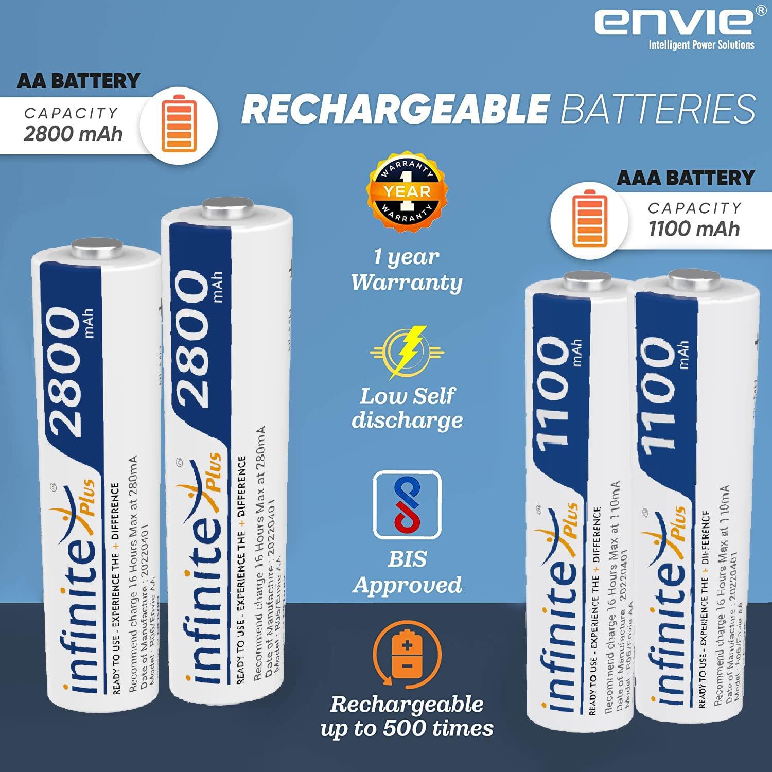 ENVIE (ECR 20MC+2800+1100) Standard Charger ECR 20 MC for AA & AAA Ni-mh/Ni-Cd Rechargeable Batteries | LED Indicator | 600MA Output Current | with 2xAA2800 & 2xAAA1100 Rechargeable Batteries - Digitek