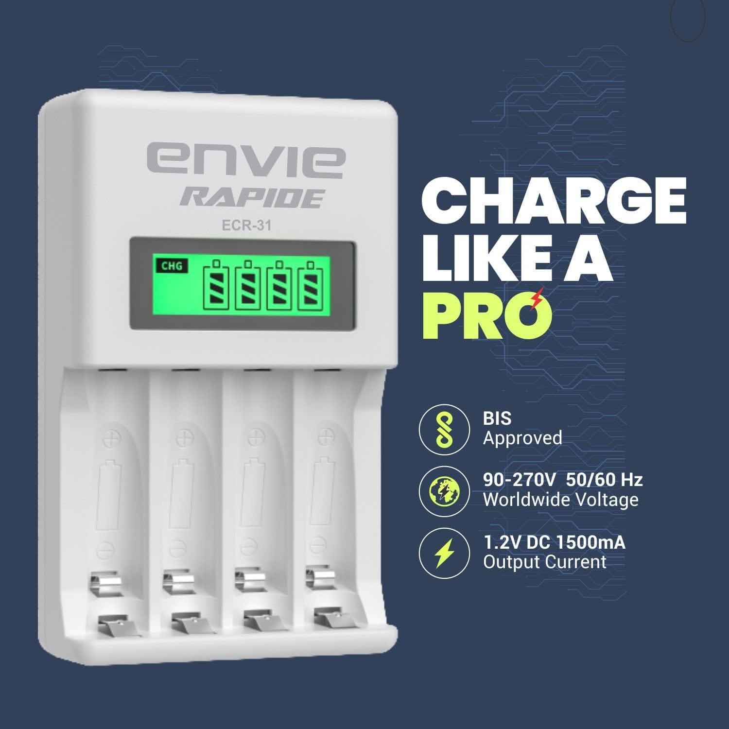 ENVIE (ECR-31) Rapide Ultra Fast Charger for Rechargeable Batteries AA & AAA Ni-mh, with LCD Display, Smart Charge Control System - Digitek