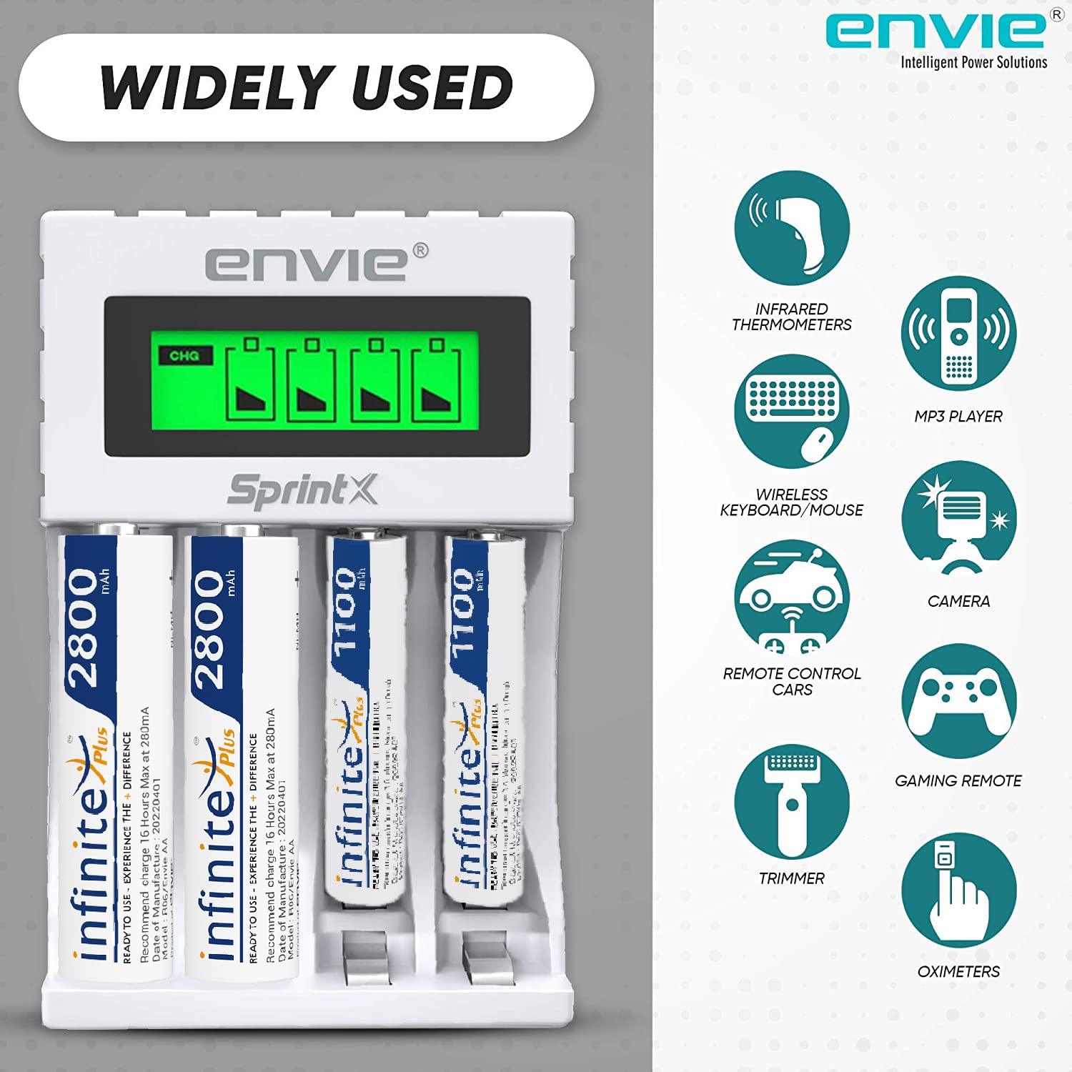 ENVIE (ECR11MC+2800+1100) SprintX Ultra Fast Rechargeable Batteries Charger for AA & AAA Ni-mh, with 2xAA2800 & 2AAA1100 Rechargeable Batteries, with Over Charge Protection - Digitek