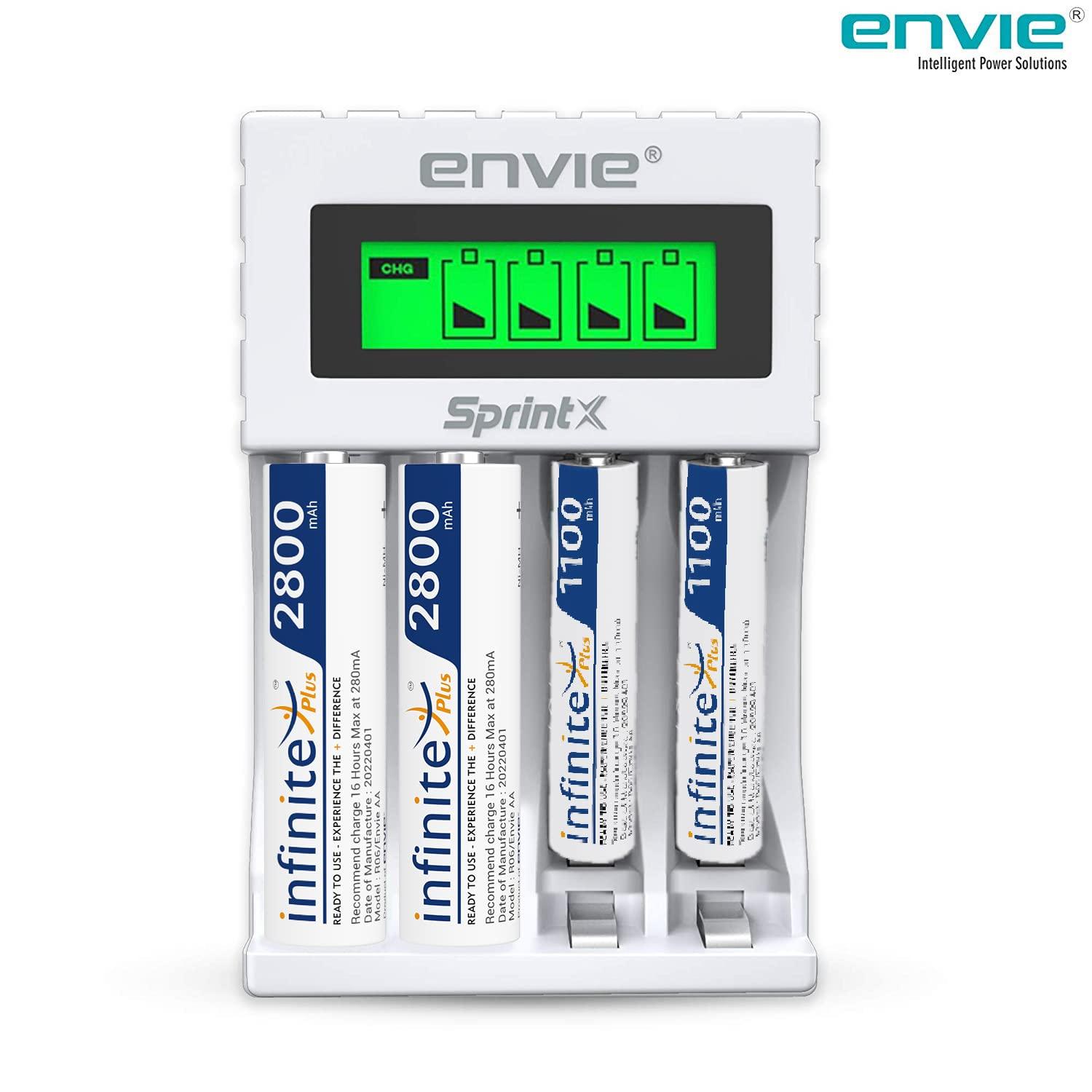 ENVIE (ECR11MC+2800+1100) SprintX Ultra Fast Rechargeable Batteries Charger for AA & AAA Ni-mh, with 2xAA2800 & 2AAA1100 Rechargeable Batteries, with Over Charge Protection - Digitek