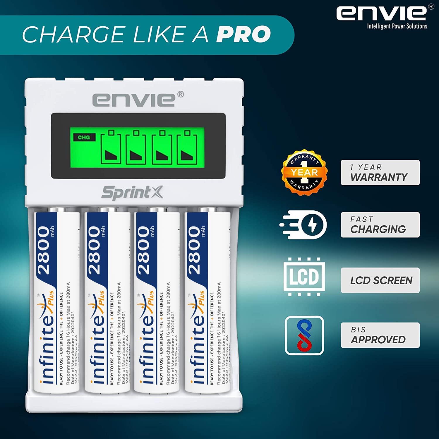 ENVIE (ECR11MC + 2800 4PL) SprintX Ultra Fast Rechargeable Batteries Charger for AA & AAA Ni-MH with 4xAA2800mah Rechargeable Batteries, with Over Charge Protection - Digitek