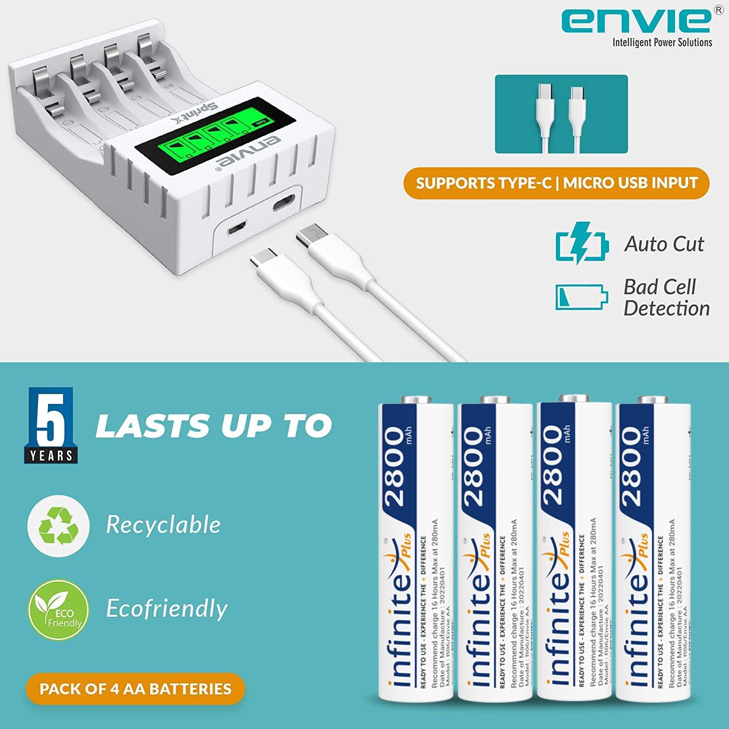 ENVIE (ECR11MC + 2800 4PL) SprintX Ultra Fast Rechargeable Batteries Charger for AA & AAA Ni-MH with 4xAA2800mah Rechargeable Batteries, with Over Charge Protection - Digitek