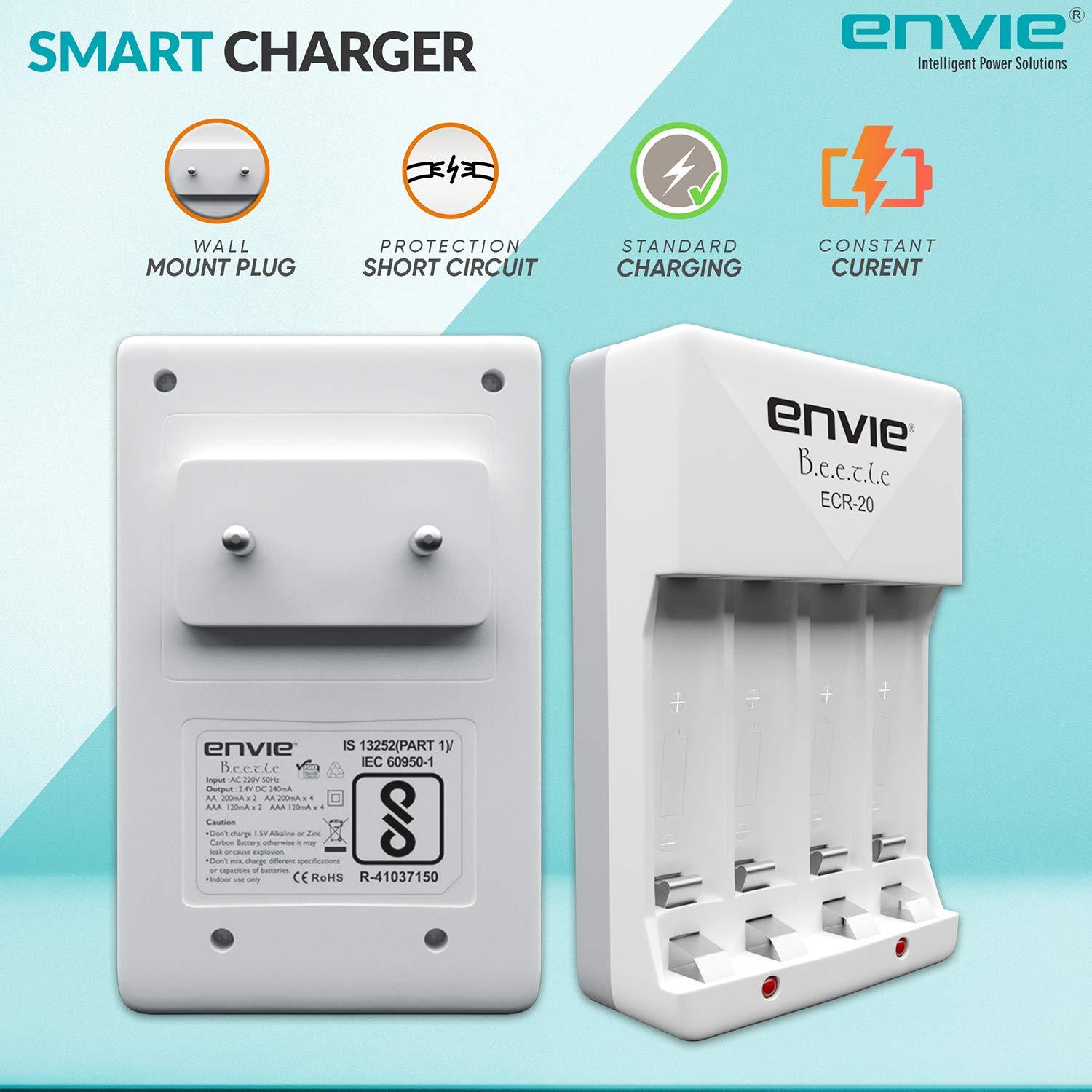 ENVIE (ECR2028002PL) High Speed Wall Plug Charger ECR 20 for AA & AAA Ni-mh/Ni-cd Rechargeable Batteries | 2000MA Output Current | with 2 AA2800 Ni-mh Batteries (ECR2028002PL) - Digitek