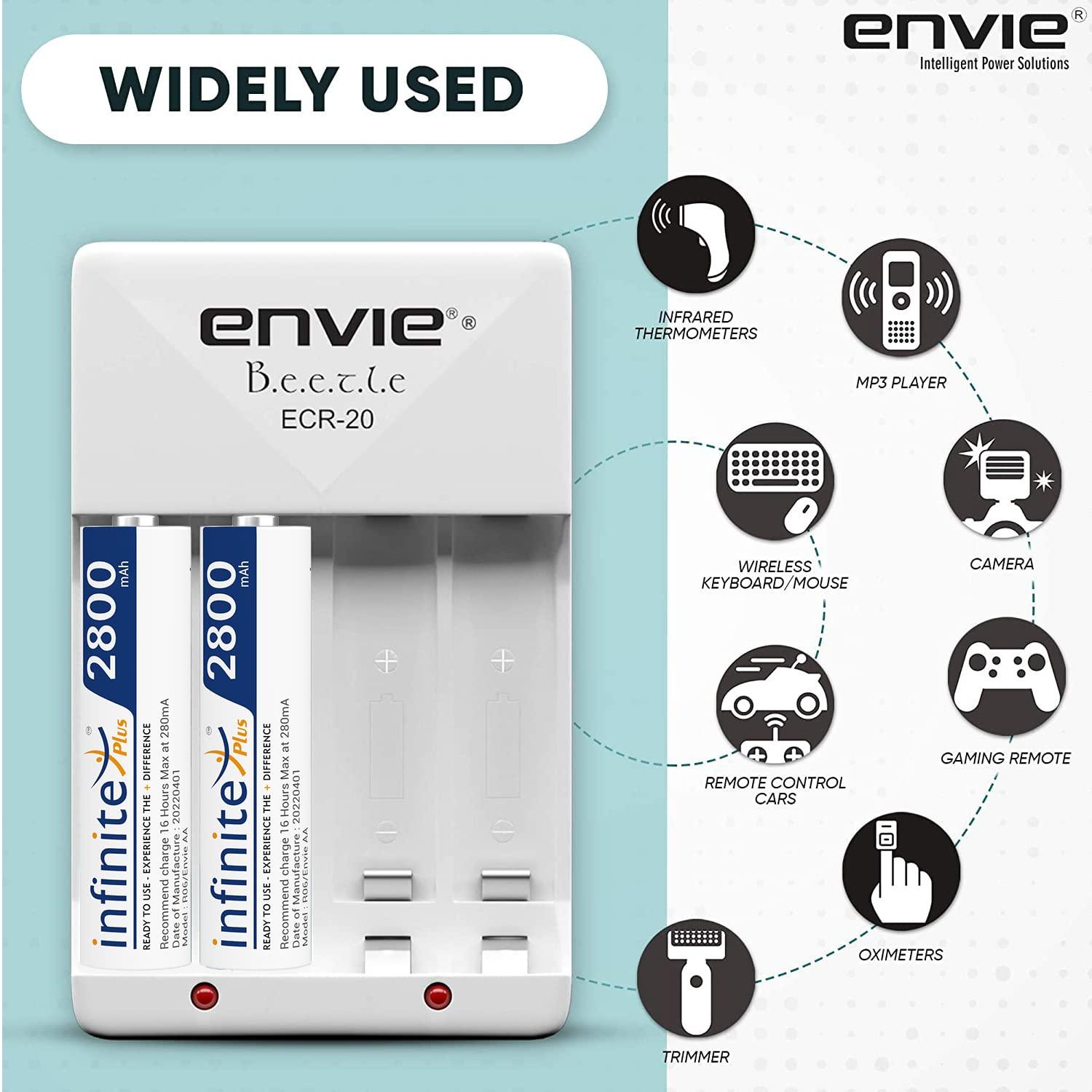 ENVIE (ECR2028002PL) High Speed Wall Plug Charger ECR 20 for AA & AAA Ni-mh/Ni-cd Rechargeable Batteries | 2000MA Output Current | with 2 AA2800 Ni-mh Batteries (ECR2028002PL) - Digitek