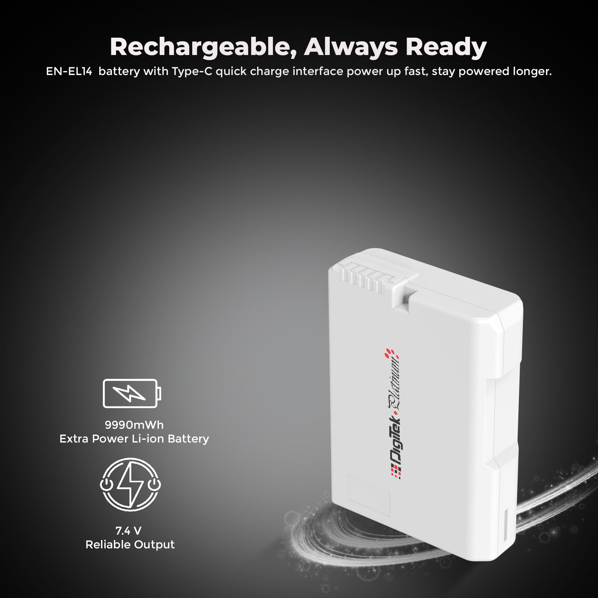 Digitek Platinum (EN-EL14 Type C) 1350mAh Li-ion Battery for Nikon DSLR Cameras with Type-C Charging Cable, for Nikon D3100, D3200, D3300, D3400, D3500, D5100–D5600, DF DSLR, and Coolpix P7000–P7800