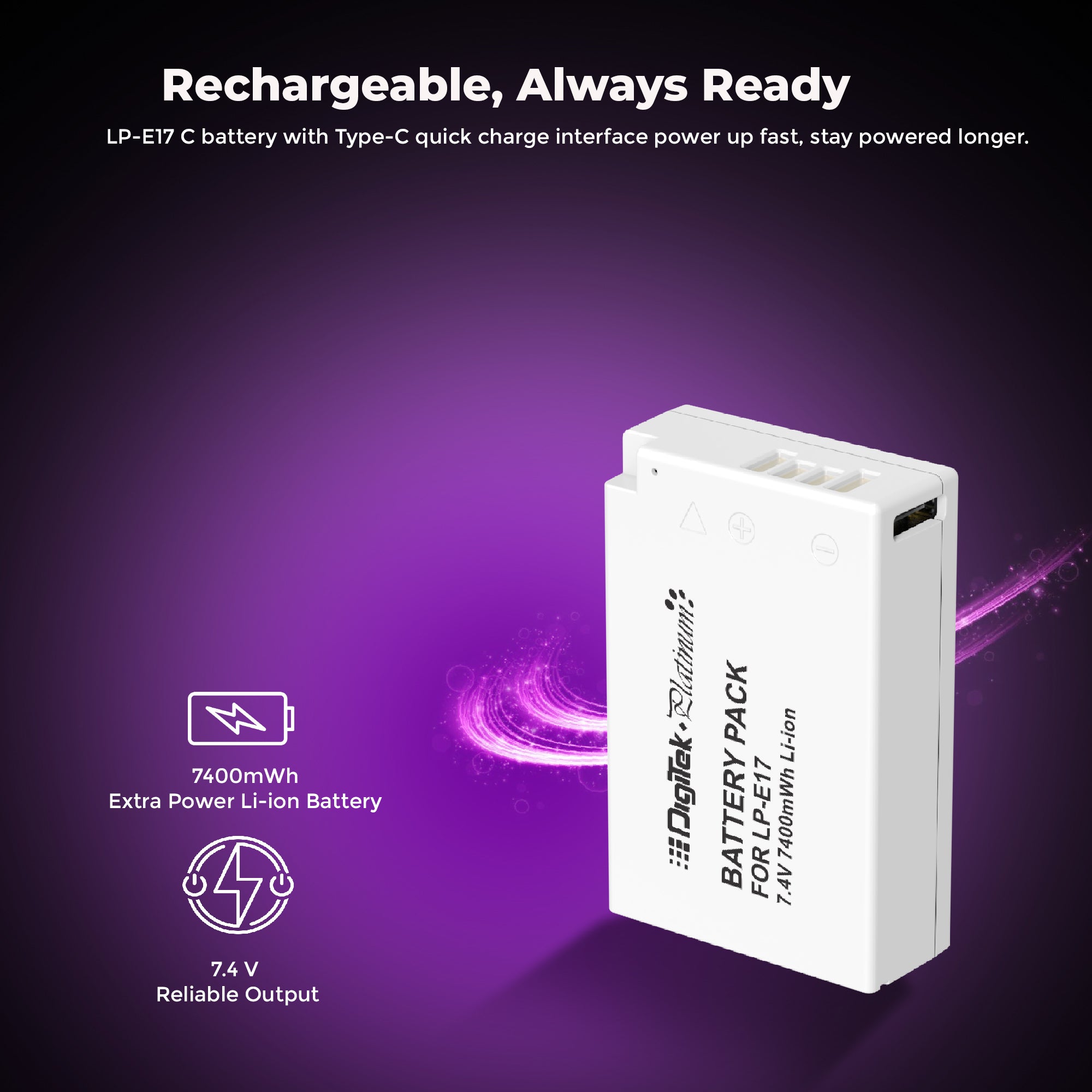 Digitek Platinum (LP-E17 Type C) 1250mAh Li-ion Battery for Canon DSLR Cameras with Type-C Charging Cable, Canon EOS 77D, M3, M5, M6, Rebel T7i, T6i, T6s, SL2, 200D, 750D, 760D, 800D, 8000D, 9000D, Kiss X8i
