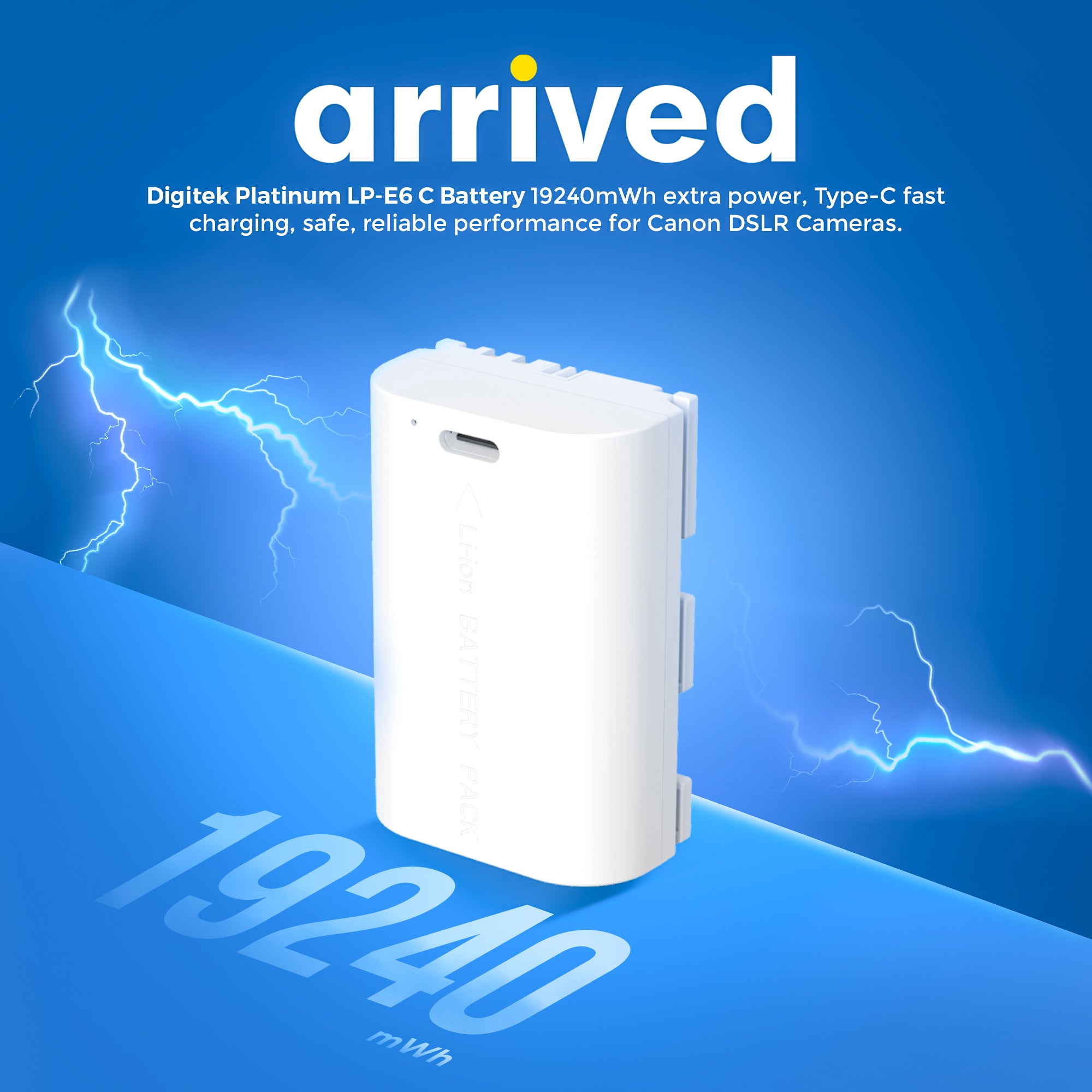 Digitek Platinum (LP-E6 Type C) 3000mAh Extra Power Li-ion Battery for Canon DSLR Cameras with Type-C Charging Cable, For Canon XC10, XC15, EOS 60D–90D, 5D series, 6D series, 7D series, and EOS R/RA/R5/R6/R7