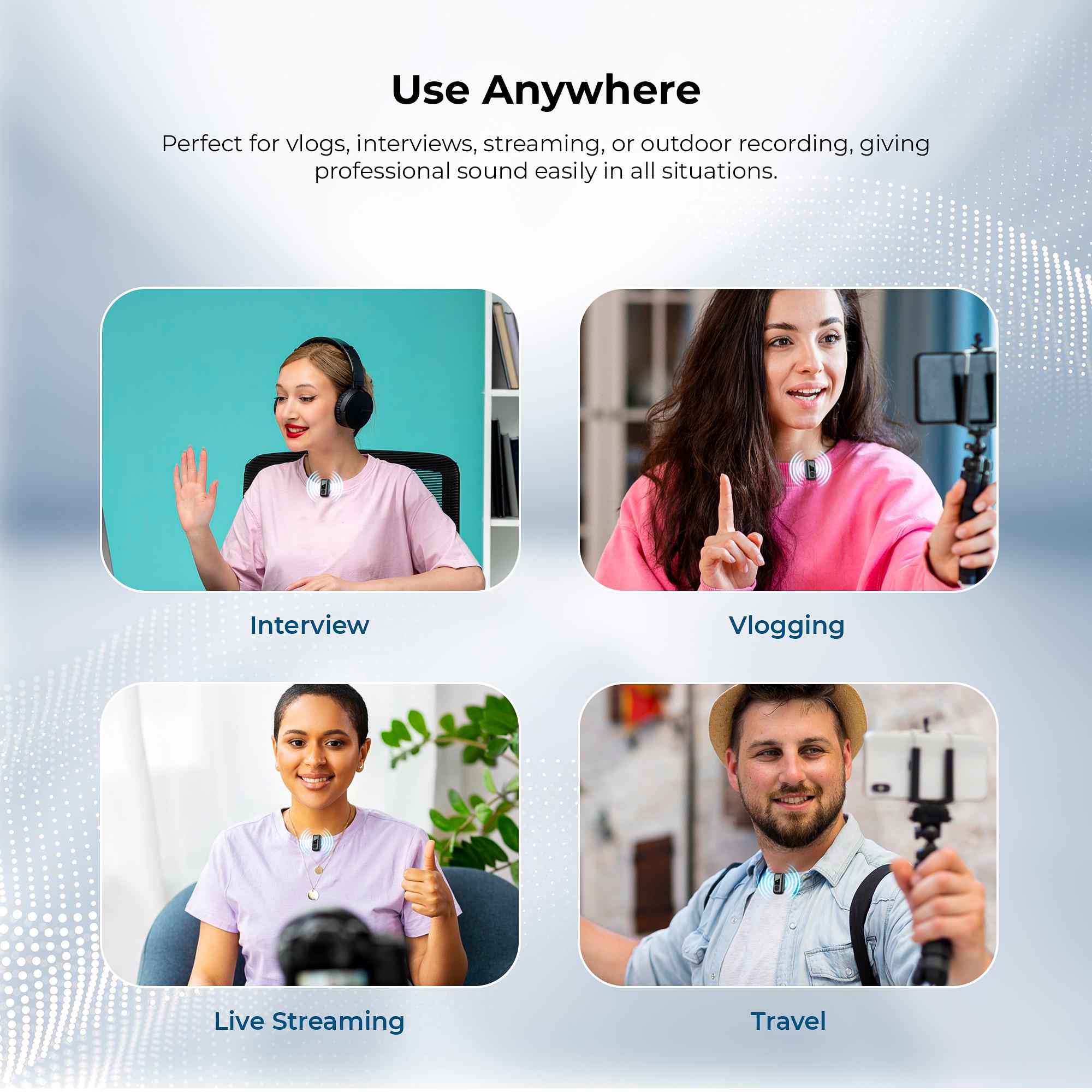 Digitek (DWM 123) 2-in-1 Wireless Microphone System with Charging Case & Magnetic Collar Clip, Type-C Receiver for iPhone 15 & Above, Android Phones, 60m Range, Build in Microphone, For Creators and Vloggers (Black)