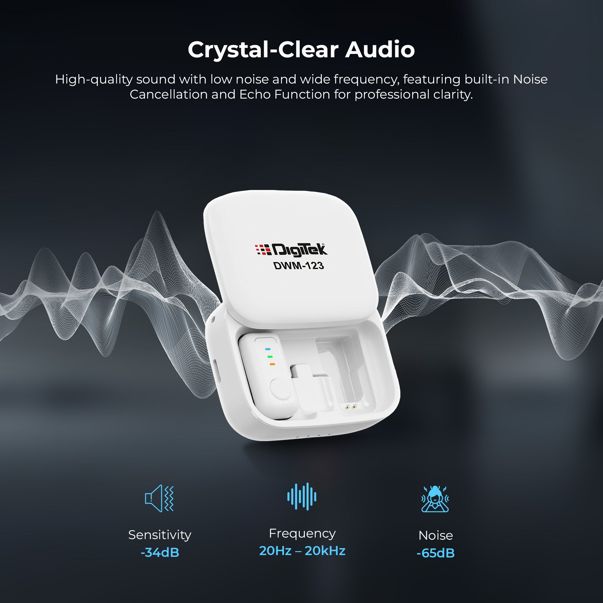 Digitek (DWM 123) 2-in-1 Wireless Microphone System with Charging Case & Magnetic Collar Clip, Type-C Receiver for iPhone 15 & Above, Android Phones, 60m Range, Build in Microphone, For Creators and Vloggers (White)