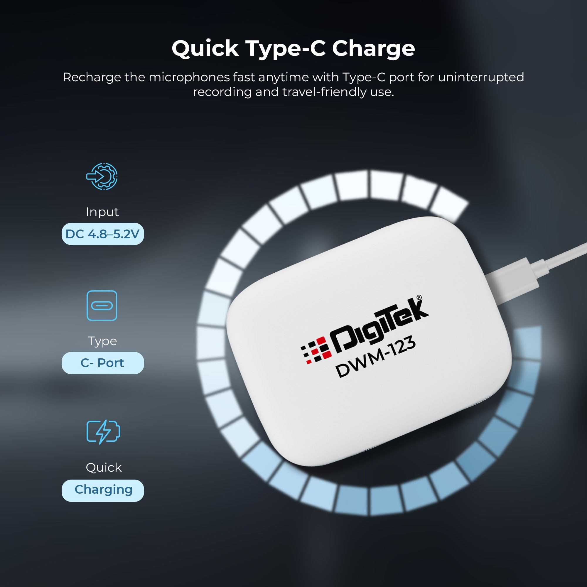 Digitek (DWM 123) 2-in-1 Wireless Microphone System with Charging Case & Magnetic Collar Clip, Type-C Receiver for iPhone 15 & Above, Android Phones, 60m Range, Build in Microphone, For Creators and Vloggers (White)