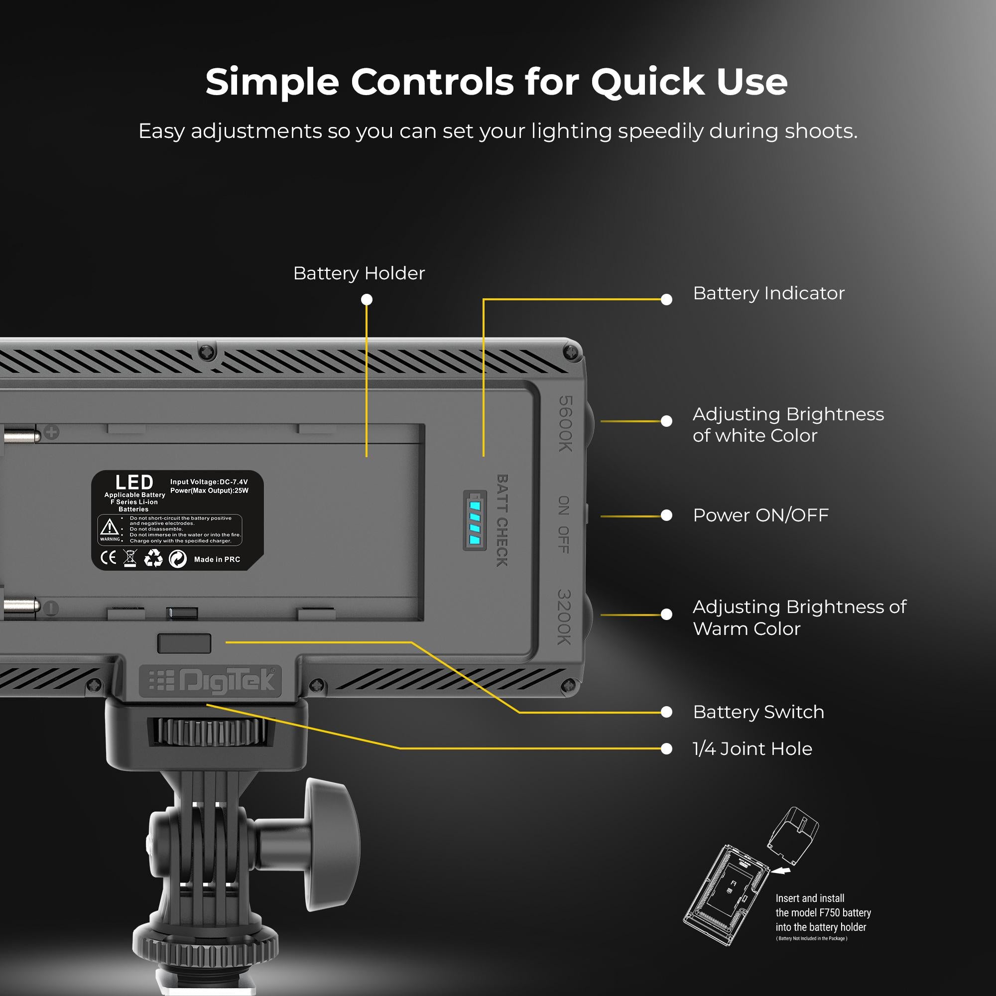 Digitek (LED-D308) 25W Bi-Color LED Video Light with Hot Shoe Mount, 2700K–6500K Adjustable Color Temperature, 308 LEDs, 2860LM Brightness, CRI 85+, For YouTube, Vlogging, Photography, Video Shoot (Battery Not Included)
