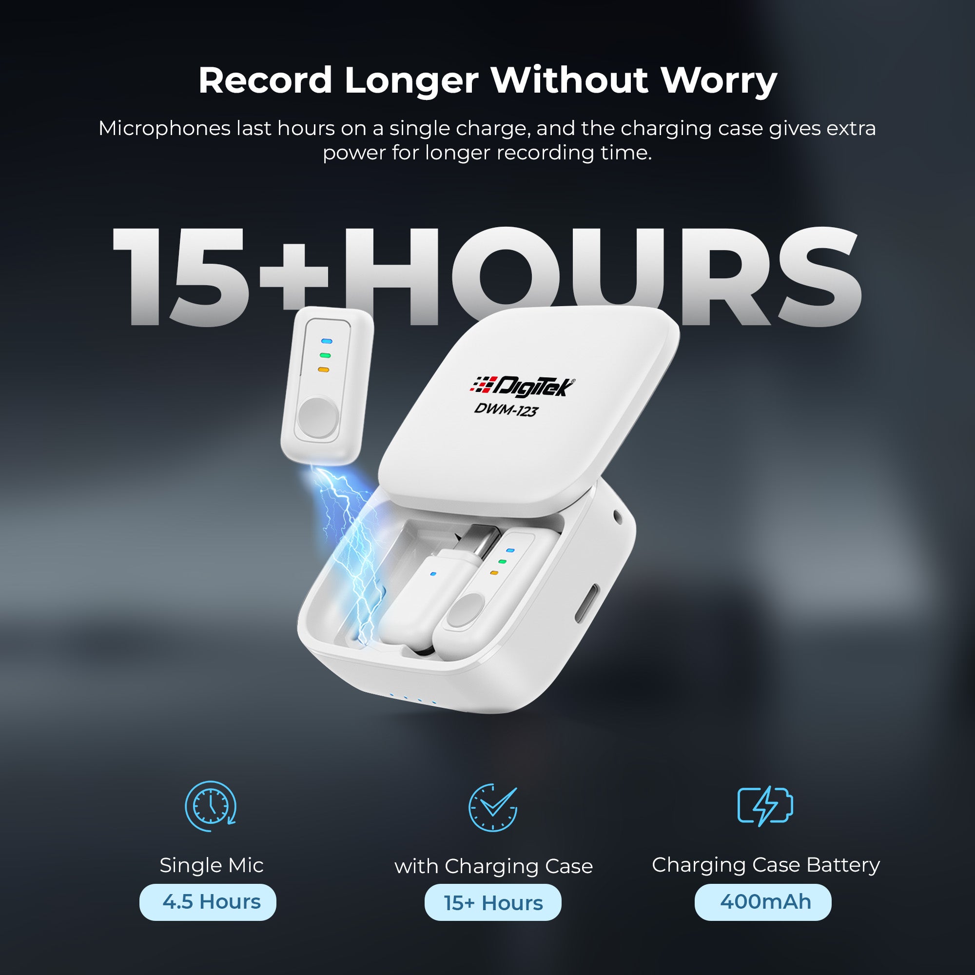 Digitek (DWM 123) 2-in-1 Wireless Microphone System with Charging Case & Magnetic Collar Clip, Type-C Receiver for iPhone 15 & Above, Android Phones, 60m Range, Build in Microphone, For Creators and Vloggers (White)