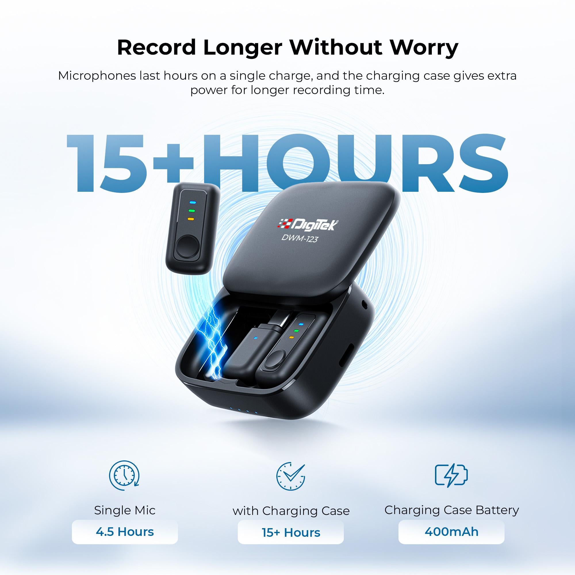 Digitek (DWM 123) 2-in-1 Wireless Microphone System with Charging Case & Magnetic Collar Clip, Type-C Receiver for iPhone 15 & Above, Android Phones, 60m Range, Build in Microphone, For Creators and Vloggers (Black)
