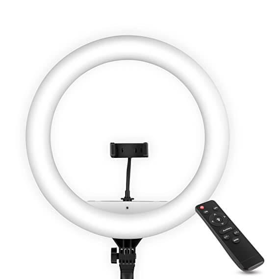 digitek drl 19 professional big led ring light with remote and 2 color modes dimmable lighting for youtube photo shoot video shoot live stream makeup and vlogging compatible with iphone android phones
